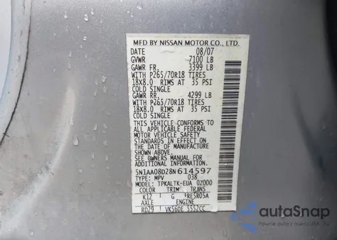 2008 Nissan Armada Se from USA, damaged, VIN 5N1AA08D28N614597